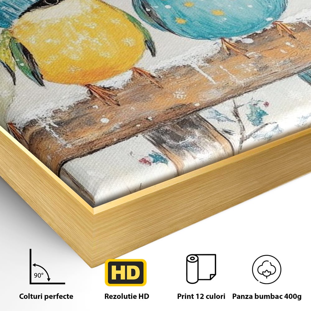 Tablou Canvas Premium LuxCanva® D1045, Moda Iernii pentru Inaripati , Vrabiute, Iarna, Prieteni, Zapada, Discutii, Living Room, Culori vibrante