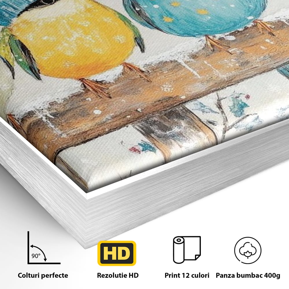 Tablou Canvas Premium LuxCanva® D1045, Moda Iernii pentru Inaripati , Vrabiute, Iarna, Prieteni, Zapada, Discutii, Living Room, Culori vibrante