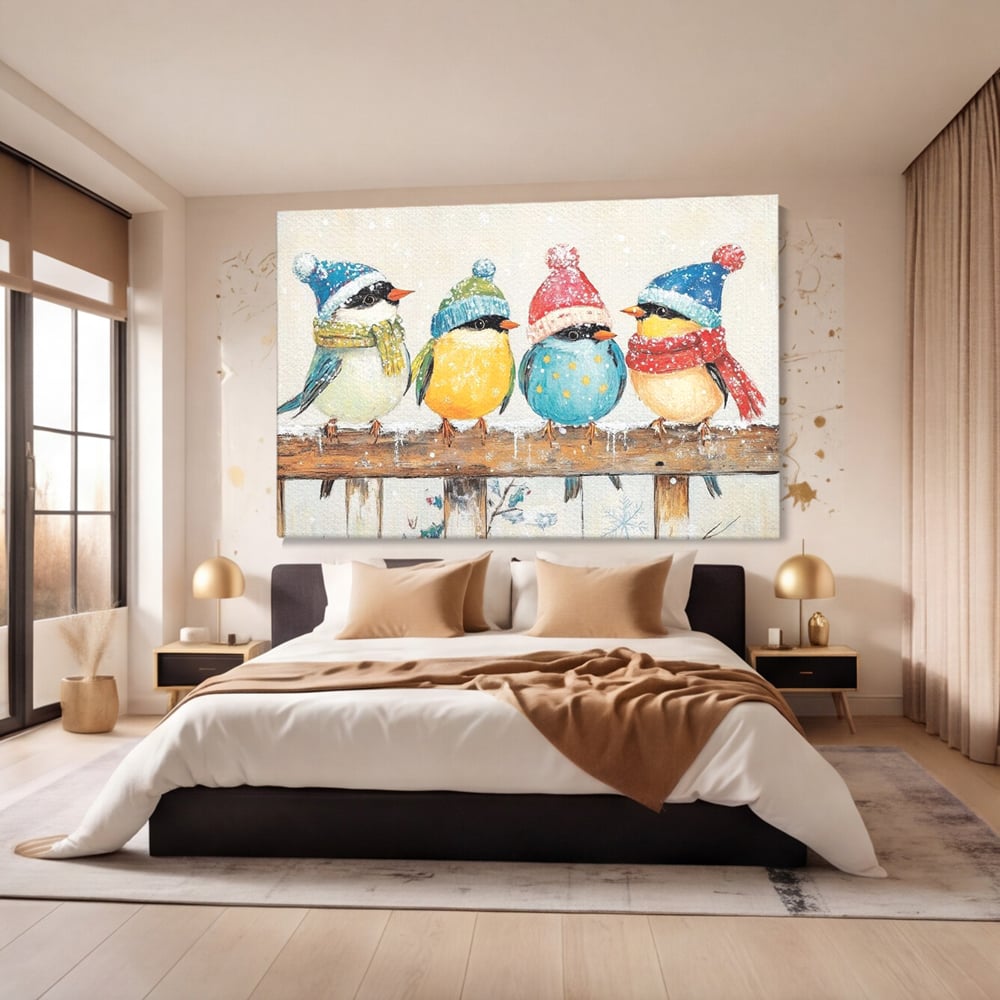 Tablou Canvas Premium LuxCanva® D1045, Moda Iernii pentru Inaripati , Vrabiute, Iarna, Prieteni, Zapada, Discutii, Living Room, Culori vibrante