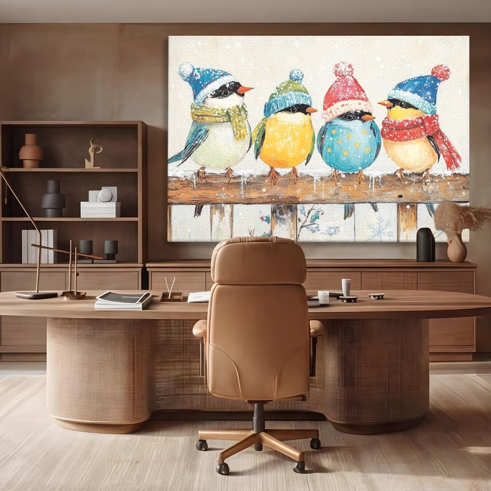 Tablou Canvas Premium LuxCanva® D1045, Moda Iernii pentru Inaripati , Vrabiute, Iarna, Prieteni, Zapada, Discutii, Living Room, Culori vibrante