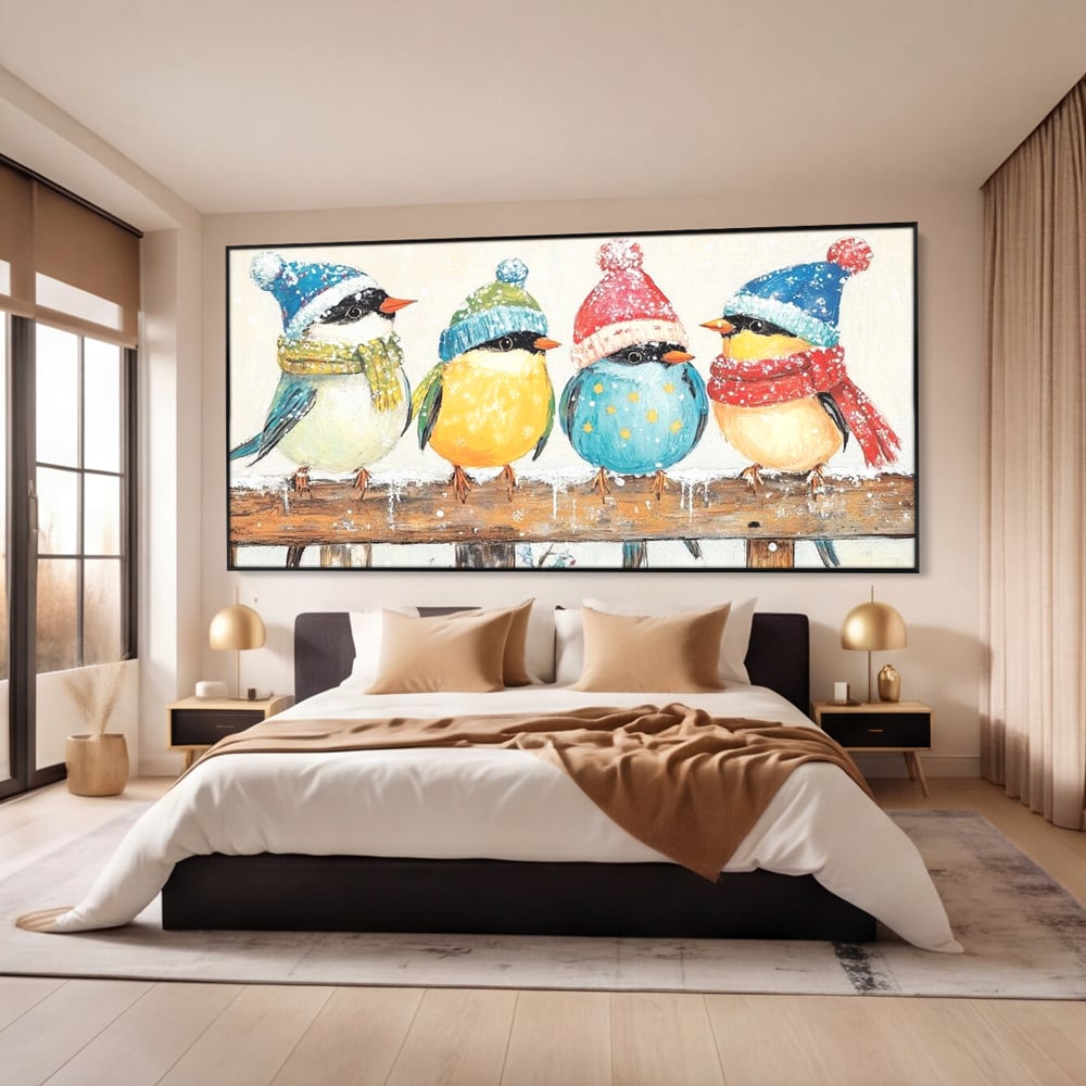 Tablou Canvas Premium LuxCanva® D1045, Moda Iernii pentru Inaripati , Vrabiute, Iarna, Prieteni, Zapada, Discutii, Living Room, Culori vibrante