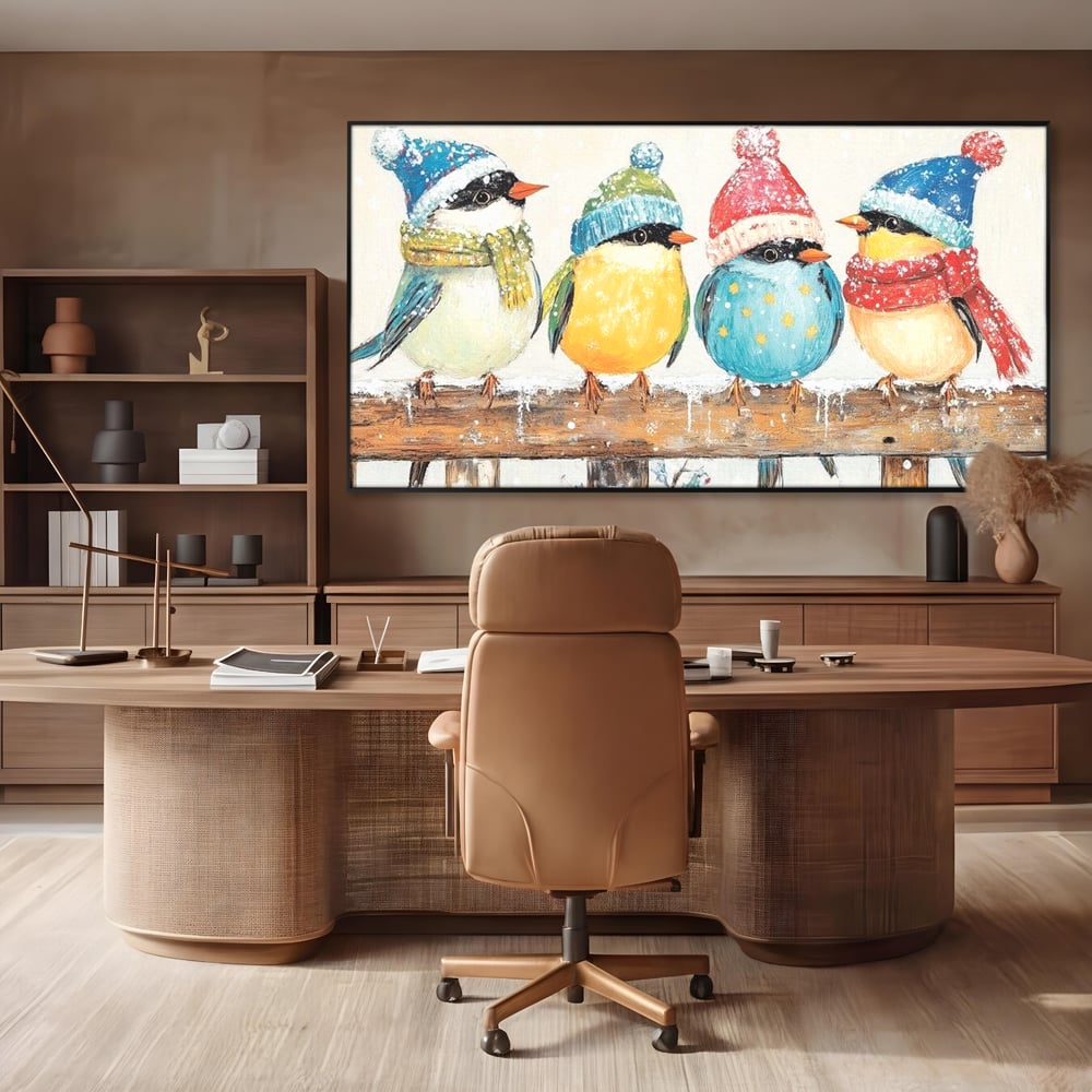 Tablou Canvas Premium LuxCanva® D1045, Moda Iernii pentru Inaripati , Vrabiute, Iarna, Prieteni, Zapada, Discutii, Living Room, Culori vibrante