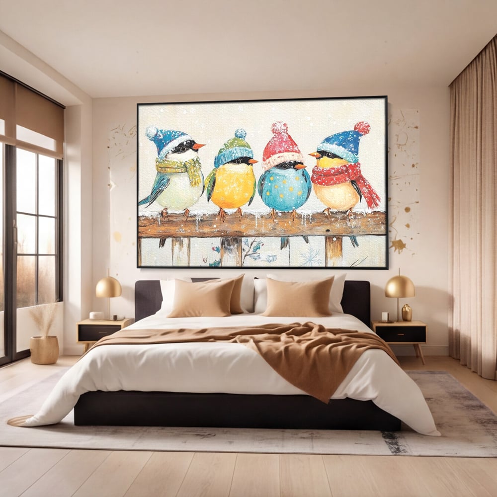 Tablou Canvas Premium LuxCanva® D1045, Moda Iernii pentru Inaripati , Vrabiute, Iarna, Prieteni, Zapada, Discutii, Living Room, Culori vibrante