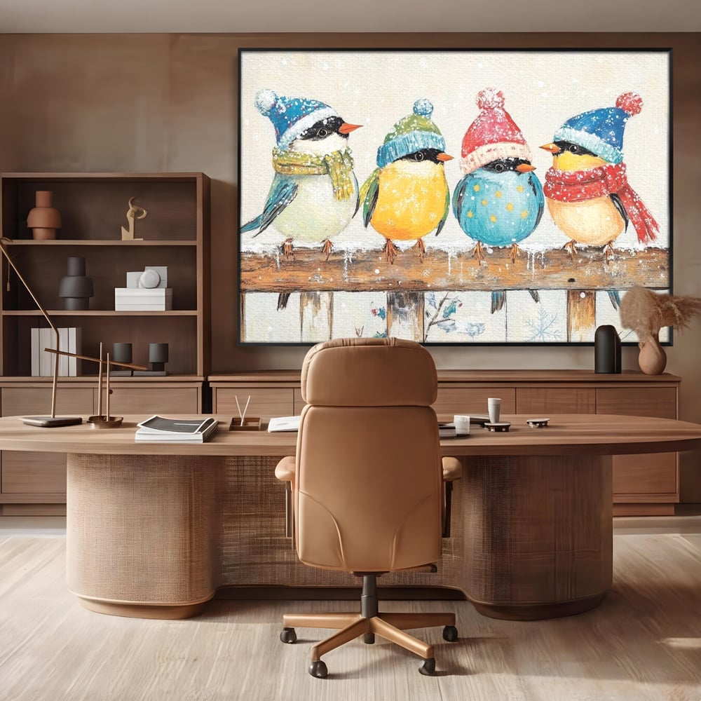 Tablou Canvas Premium LuxCanva® D1045, Moda Iernii pentru Inaripati , Vrabiute, Iarna, Prieteni, Zapada, Discutii, Living Room, Culori vibrante