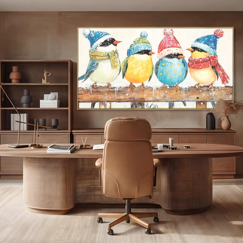 Tablou Canvas Premium LuxCanva® D1045, Moda Iernii pentru Inaripati , Vrabiute, Iarna, Prieteni, Zapada, Discutii, Living Room, Culori vibrante