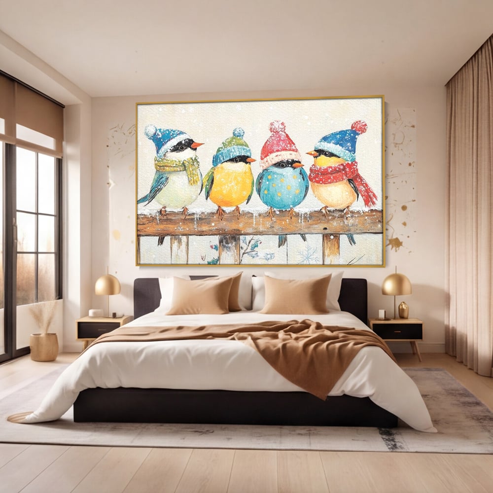 Tablou Canvas Premium LuxCanva® D1045, Moda Iernii pentru Inaripati , Vrabiute, Iarna, Prieteni, Zapada, Discutii, Living Room, Culori vibrante