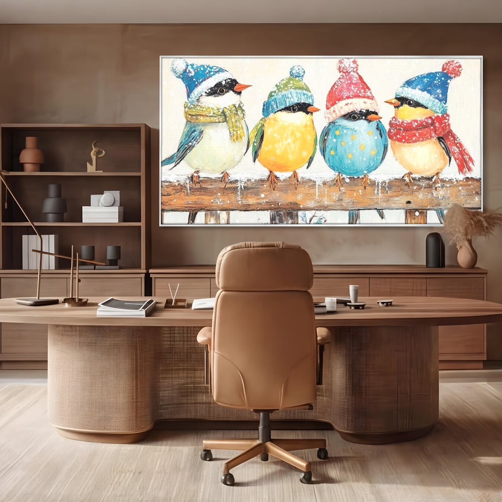 Tablou Canvas Premium LuxCanva® D1045, Moda Iernii pentru Inaripati , Vrabiute, Iarna, Prieteni, Zapada, Discutii, Living Room, Culori vibrante