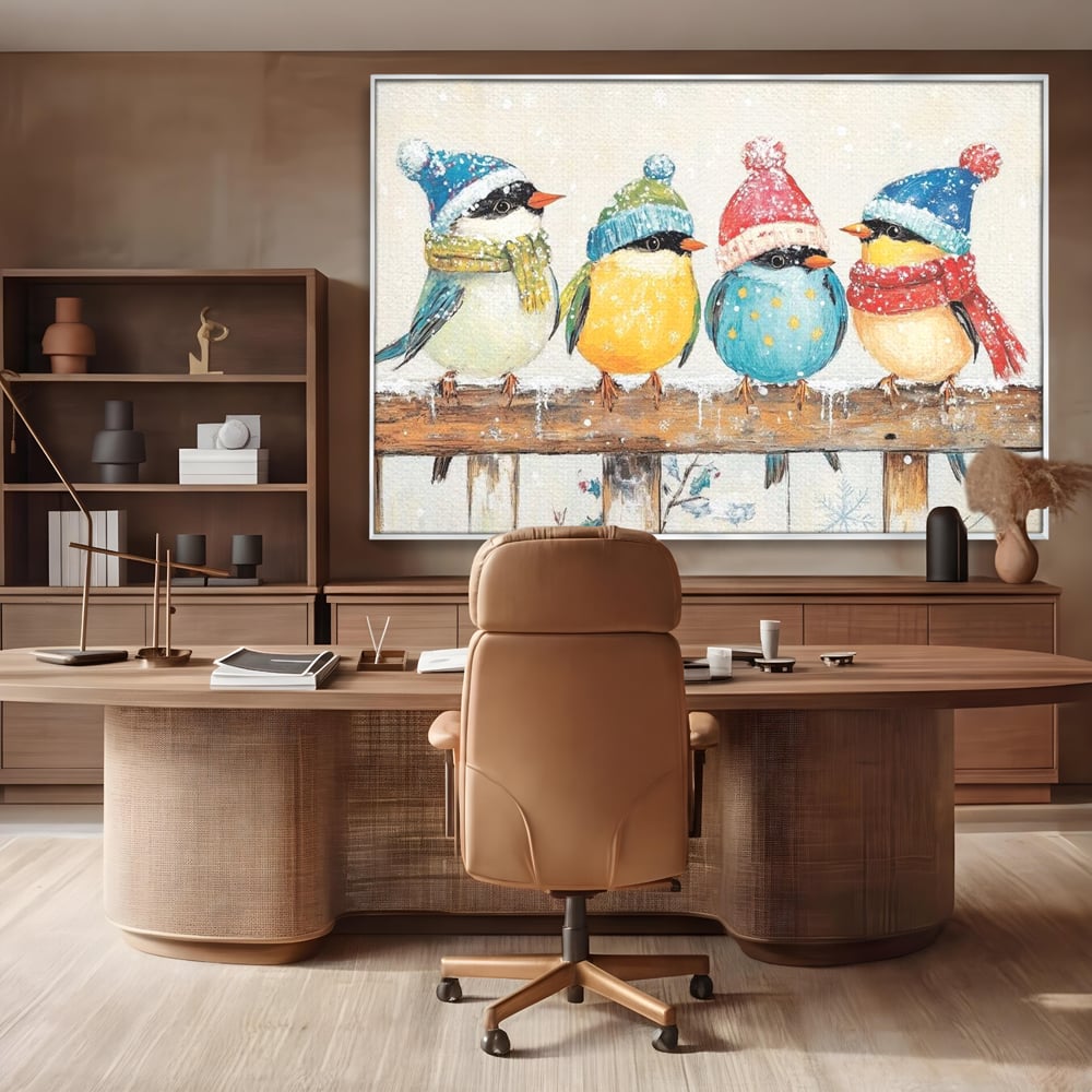 Tablou Canvas Premium LuxCanva® D1045, Moda Iernii pentru Inaripati , Vrabiute, Iarna, Prieteni, Zapada, Discutii, Living Room, Culori vibrante