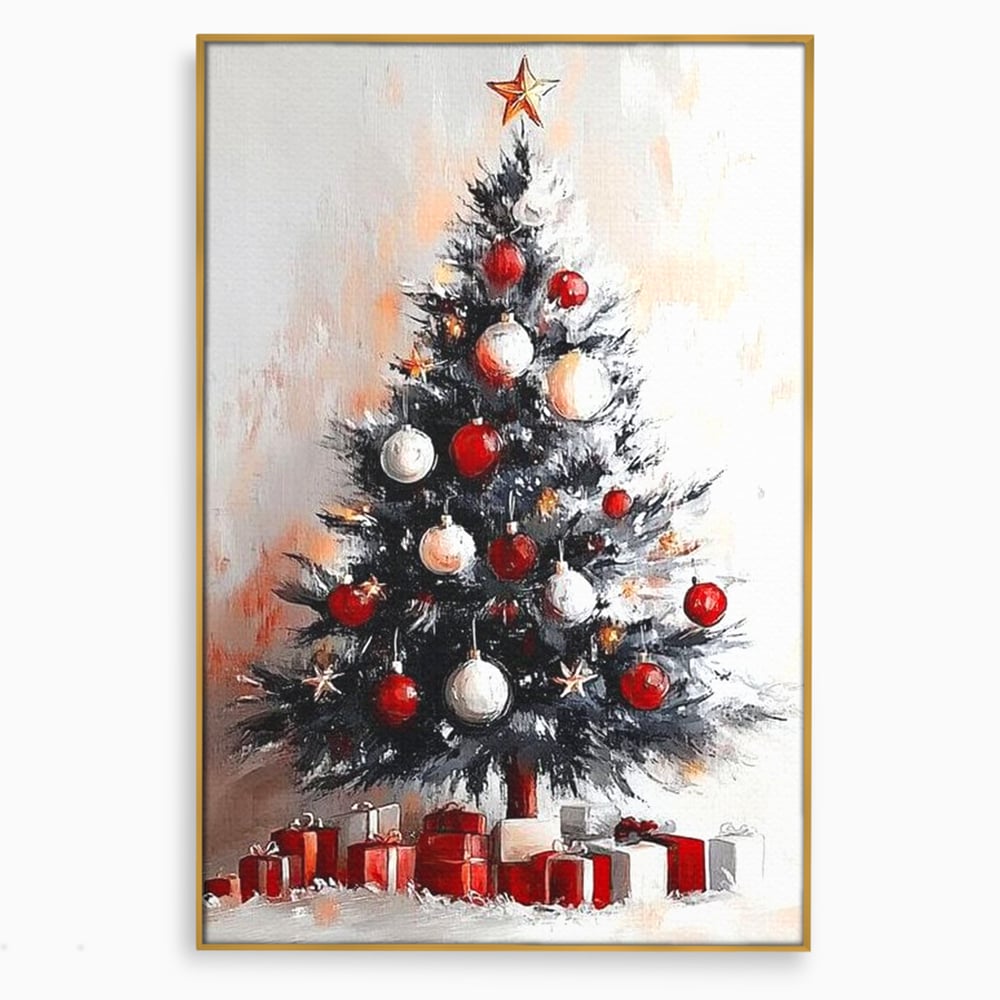 Tablou Canvas Premium LuxCanva® D1046, Brad si Cadouri sub Lumina Stelei ,  Craciun, Stea, Brad, Cadouri, Festiv, Living Room, Culori vibrante