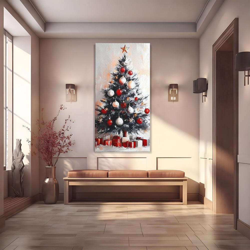 Tablou Canvas Premium LuxCanva® D1046, Brad si Cadouri sub Lumina Stelei ,  Craciun, Stea, Brad, Cadouri, Festiv, Living Room, Culori vibrante