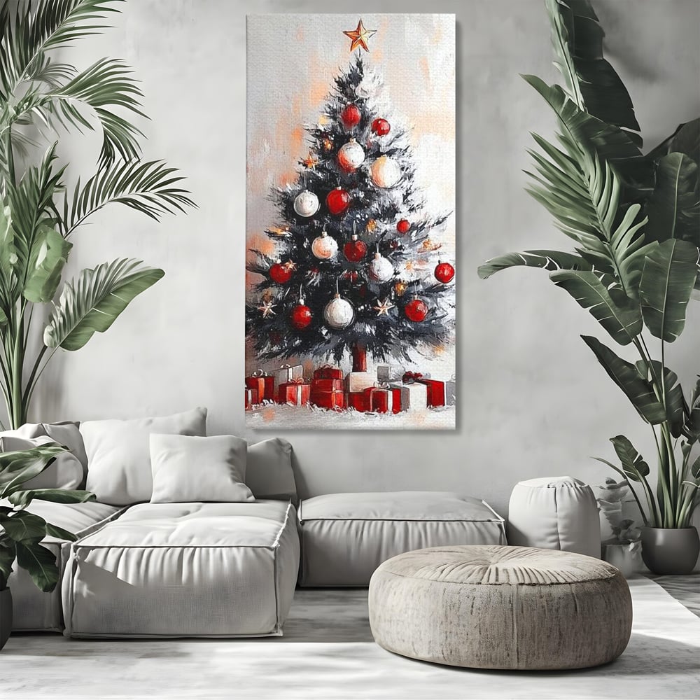 Tablou Canvas Premium LuxCanva® D1046, Brad si Cadouri sub Lumina Stelei ,  Craciun, Stea, Brad, Cadouri, Festiv, Living Room, Culori vibrante