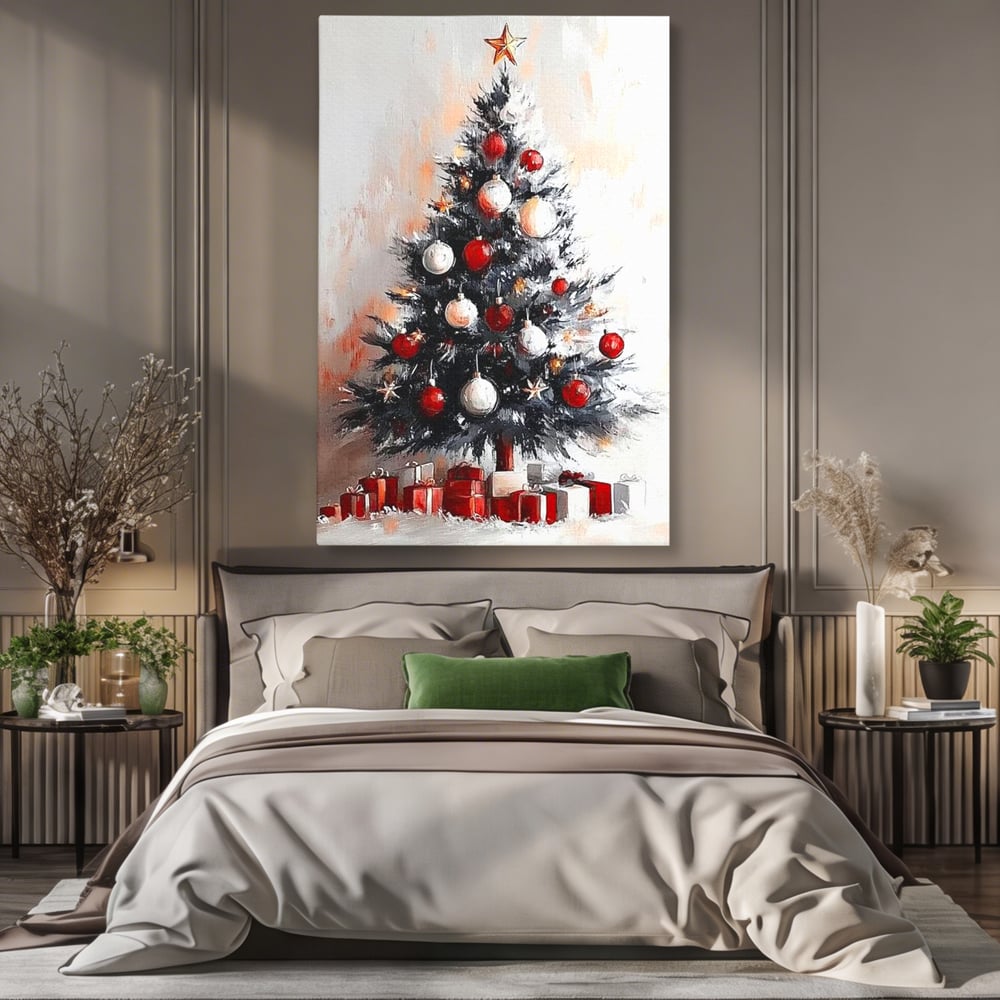 Tablou Canvas Premium LuxCanva® D1046, Brad si Cadouri sub Lumina Stelei ,  Craciun, Stea, Brad, Cadouri, Festiv, Living Room, Culori vibrante