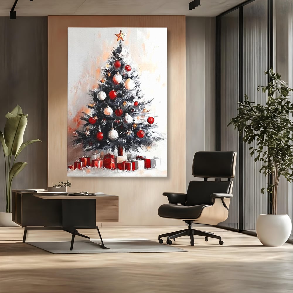 Tablou Canvas Premium LuxCanva® D1046, Brad si Cadouri sub Lumina Stelei ,  Craciun, Stea, Brad, Cadouri, Festiv, Living Room, Culori vibrante
