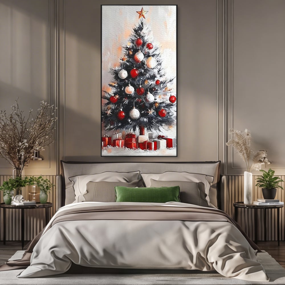 Tablou Canvas Premium LuxCanva® D1046, Brad si Cadouri sub Lumina Stelei ,  Craciun, Stea, Brad, Cadouri, Festiv, Living Room, Culori vibrante