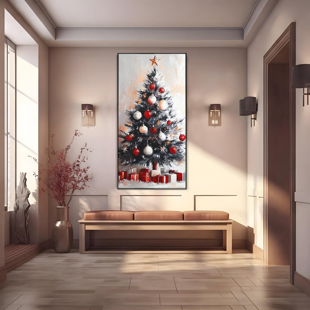 Tablou Canvas Premium LuxCanva® D1046, Brad si Cadouri sub Lumina Stelei ,  Craciun, Stea, Brad, Cadouri, Festiv, Living Room, Culori vibrante
