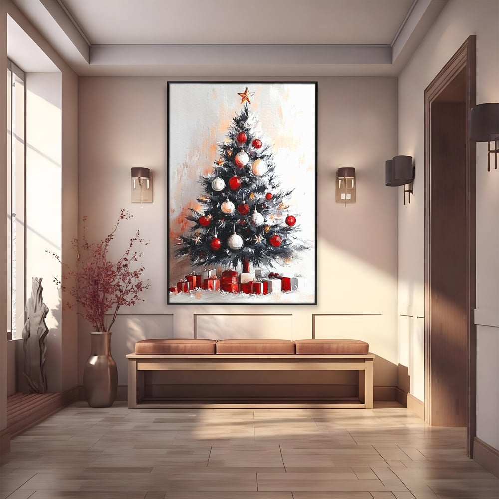 Tablou Canvas Premium LuxCanva® D1046, Brad si Cadouri sub Lumina Stelei ,  Craciun, Stea, Brad, Cadouri, Festiv, Living Room, Culori vibrante
