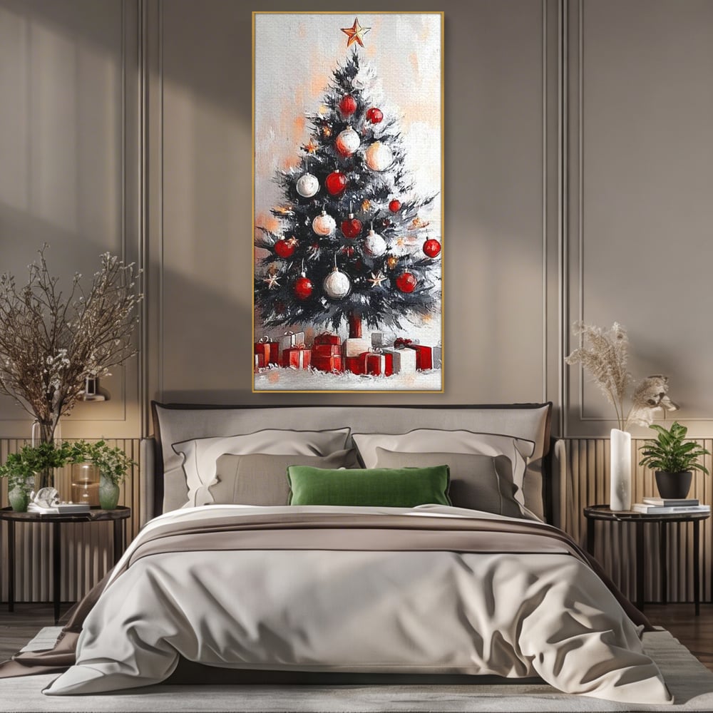 Tablou Canvas Premium LuxCanva® D1046, Brad si Cadouri sub Lumina Stelei ,  Craciun, Stea, Brad, Cadouri, Festiv, Living Room, Culori vibrante
