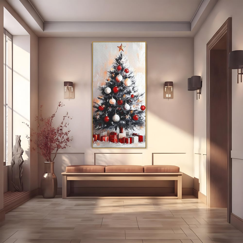 Tablou Canvas Premium LuxCanva® D1046, Brad si Cadouri sub Lumina Stelei ,  Craciun, Stea, Brad, Cadouri, Festiv, Living Room, Culori vibrante