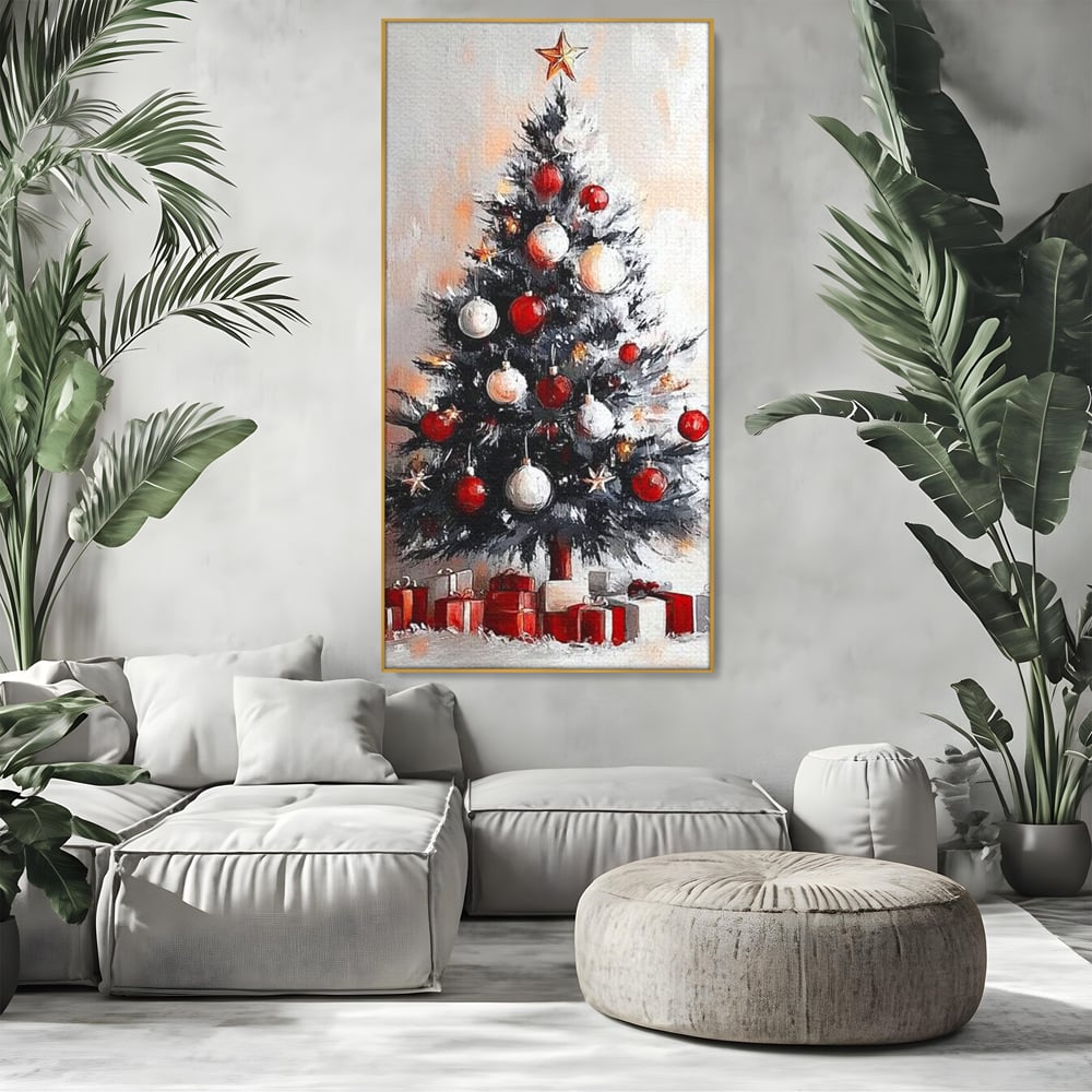 Tablou Canvas Premium LuxCanva® D1046, Brad si Cadouri sub Lumina Stelei ,  Craciun, Stea, Brad, Cadouri, Festiv, Living Room, Culori vibrante