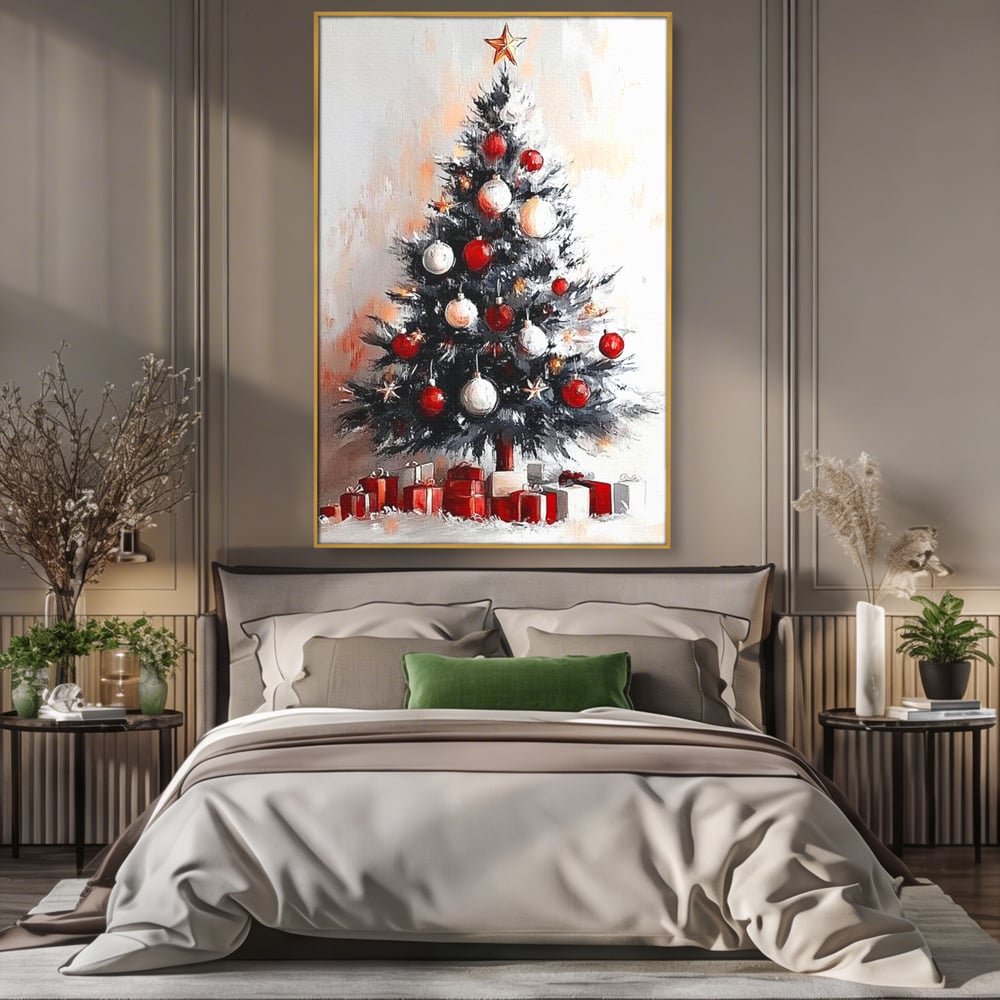 Tablou Canvas Premium LuxCanva® D1046, Brad si Cadouri sub Lumina Stelei ,  Craciun, Stea, Brad, Cadouri, Festiv, Living Room, Culori vibrante