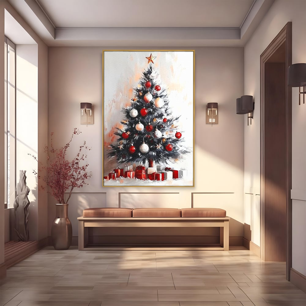 Tablou Canvas Premium LuxCanva® D1046, Brad si Cadouri sub Lumina Stelei ,  Craciun, Stea, Brad, Cadouri, Festiv, Living Room, Culori vibrante