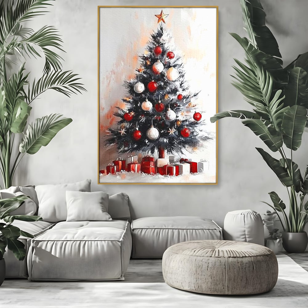 Tablou Canvas Premium LuxCanva® D1046, Brad si Cadouri sub Lumina Stelei ,  Craciun, Stea, Brad, Cadouri, Festiv, Living Room, Culori vibrante