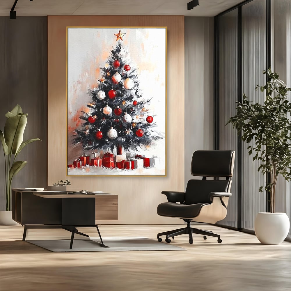 Tablou Canvas Premium LuxCanva® D1046, Brad si Cadouri sub Lumina Stelei ,  Craciun, Stea, Brad, Cadouri, Festiv, Living Room, Culori vibrante