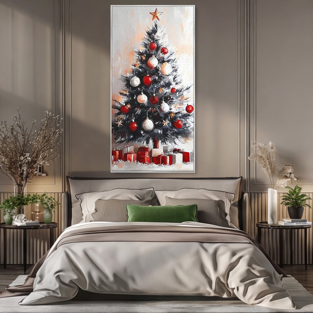 Tablou Canvas Premium LuxCanva® D1046, Brad si Cadouri sub Lumina Stelei ,  Craciun, Stea, Brad, Cadouri, Festiv, Living Room, Culori vibrante