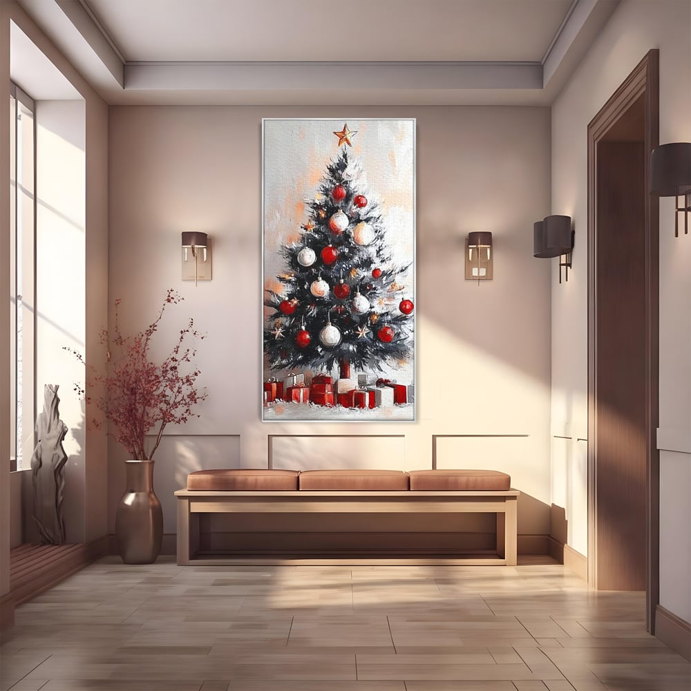 Tablou Canvas Premium LuxCanva® D1046, Brad si Cadouri sub Lumina Stelei ,  Craciun, Stea, Brad, Cadouri, Festiv, Living Room, Culori vibrante
