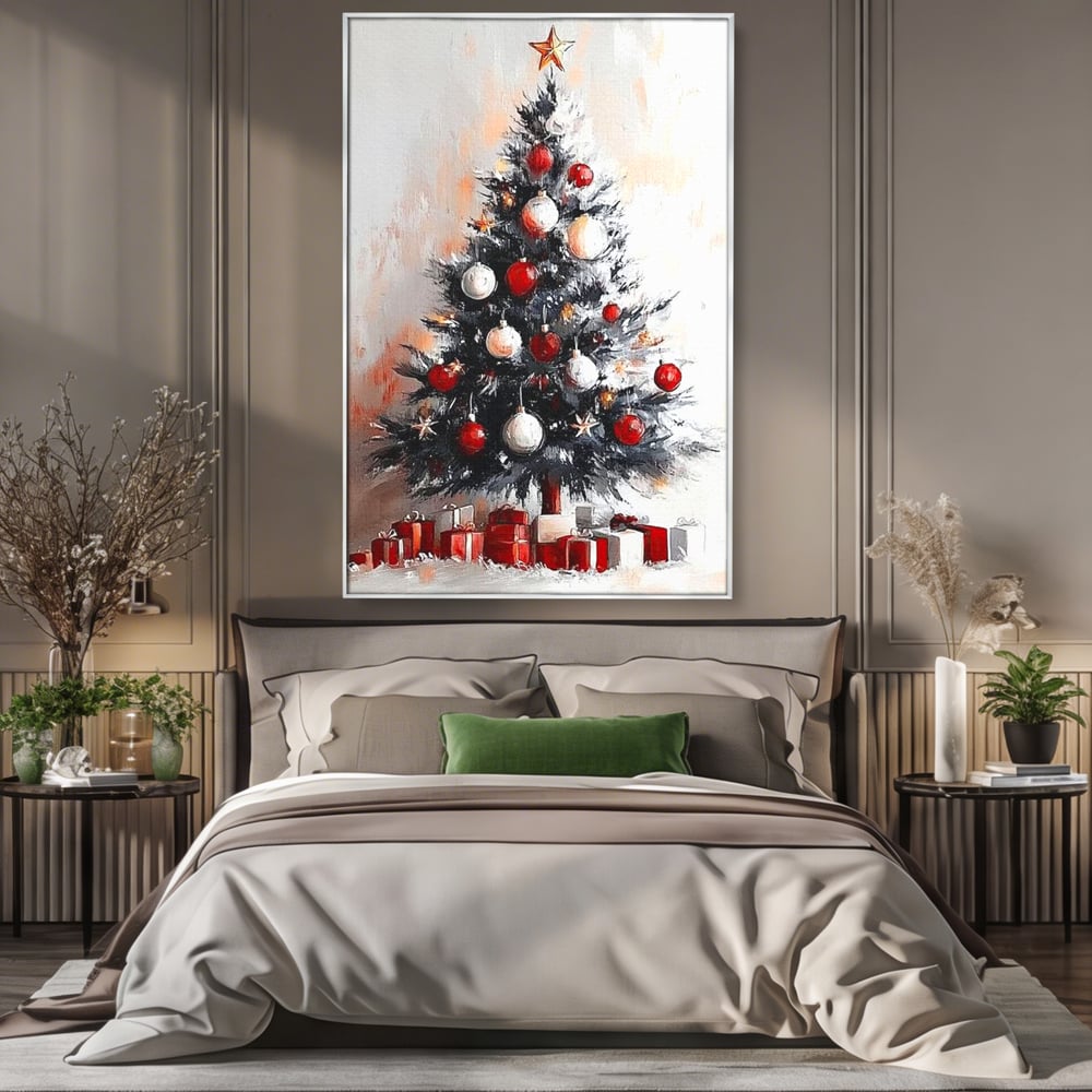 Tablou Canvas Premium LuxCanva® D1046, Brad si Cadouri sub Lumina Stelei ,  Craciun, Stea, Brad, Cadouri, Festiv, Living Room, Culori vibrante