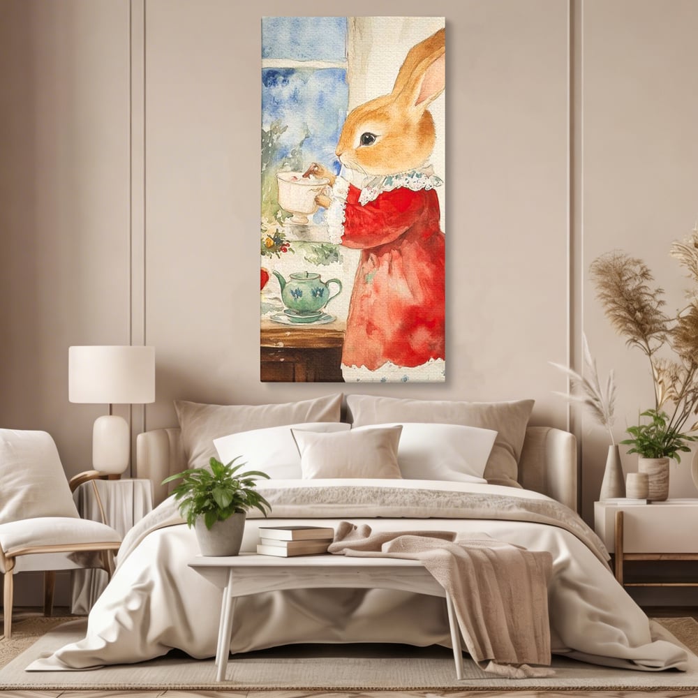 Tablou Canvas Premium LuxCanva® D1047, Iepurasul Rosu si Aroma Ceaiului ,  Iepure, Ceai, Fereastra, Nostalgie, Elegant, Living Room, Culori vibrante