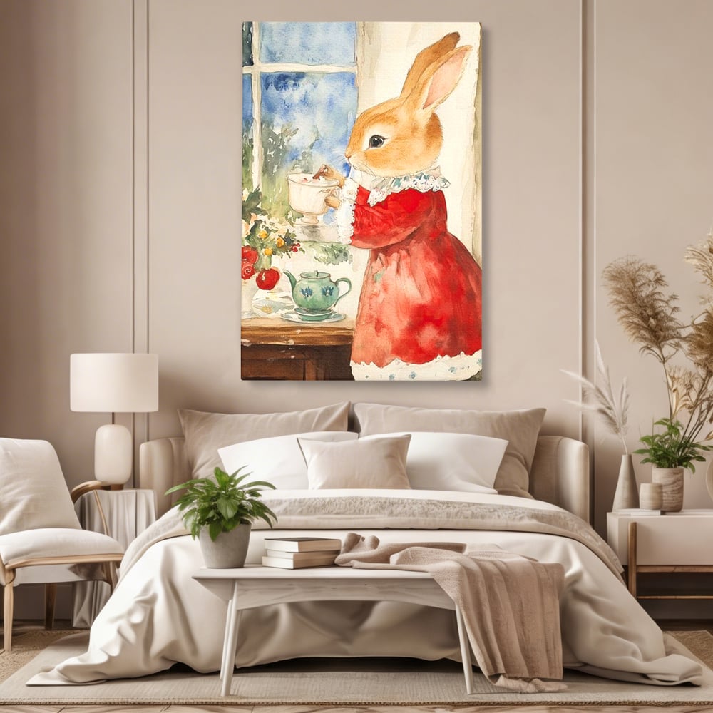 Tablou Canvas Premium LuxCanva® D1047, Iepurasul Rosu si Aroma Ceaiului ,  Iepure, Ceai, Fereastra, Nostalgie, Elegant, Living Room, Culori vibrante