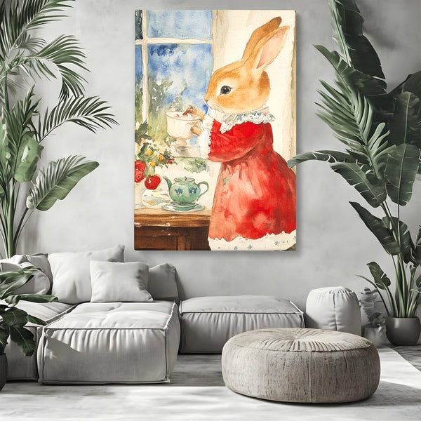 Tablou Canvas Premium LuxCanva® D1047, Iepurasul Rosu si Aroma Ceaiului ,  Iepure, Ceai, Fereastra, Nostalgie, Elegant, Living Room, Culori vibrante