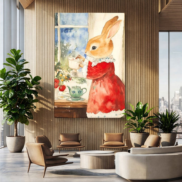 Tablou Canvas Premium LuxCanva® D1047, Iepurasul Rosu si Aroma Ceaiului ,  Iepure, Ceai, Fereastra, Nostalgie, Elegant, Living Room, Culori vibrante