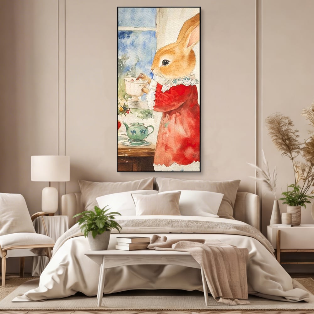 Tablou Canvas Premium LuxCanva® D1047, Iepurasul Rosu si Aroma Ceaiului ,  Iepure, Ceai, Fereastra, Nostalgie, Elegant, Living Room, Culori vibrante