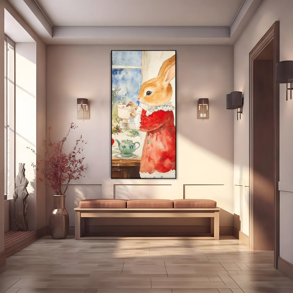 Tablou Canvas Premium LuxCanva® D1047, Iepurasul Rosu si Aroma Ceaiului ,  Iepure, Ceai, Fereastra, Nostalgie, Elegant, Living Room, Culori vibrante