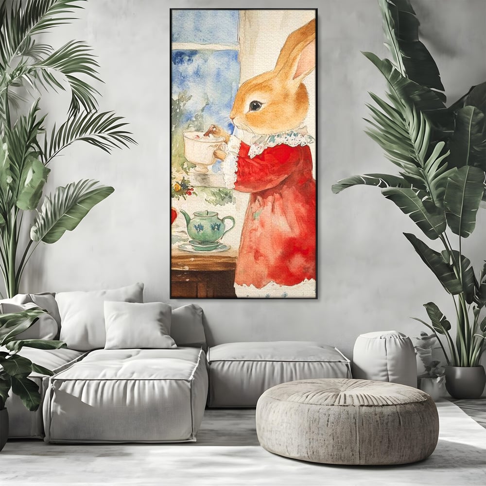 Tablou Canvas Premium LuxCanva® D1047, Iepurasul Rosu si Aroma Ceaiului ,  Iepure, Ceai, Fereastra, Nostalgie, Elegant, Living Room, Culori vibrante