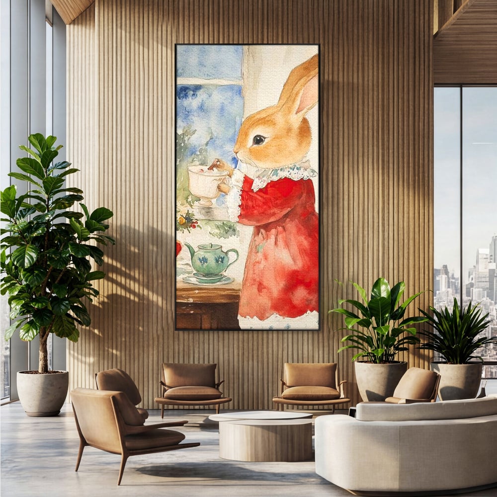 Tablou Canvas Premium LuxCanva® D1047, Iepurasul Rosu si Aroma Ceaiului ,  Iepure, Ceai, Fereastra, Nostalgie, Elegant, Living Room, Culori vibrante