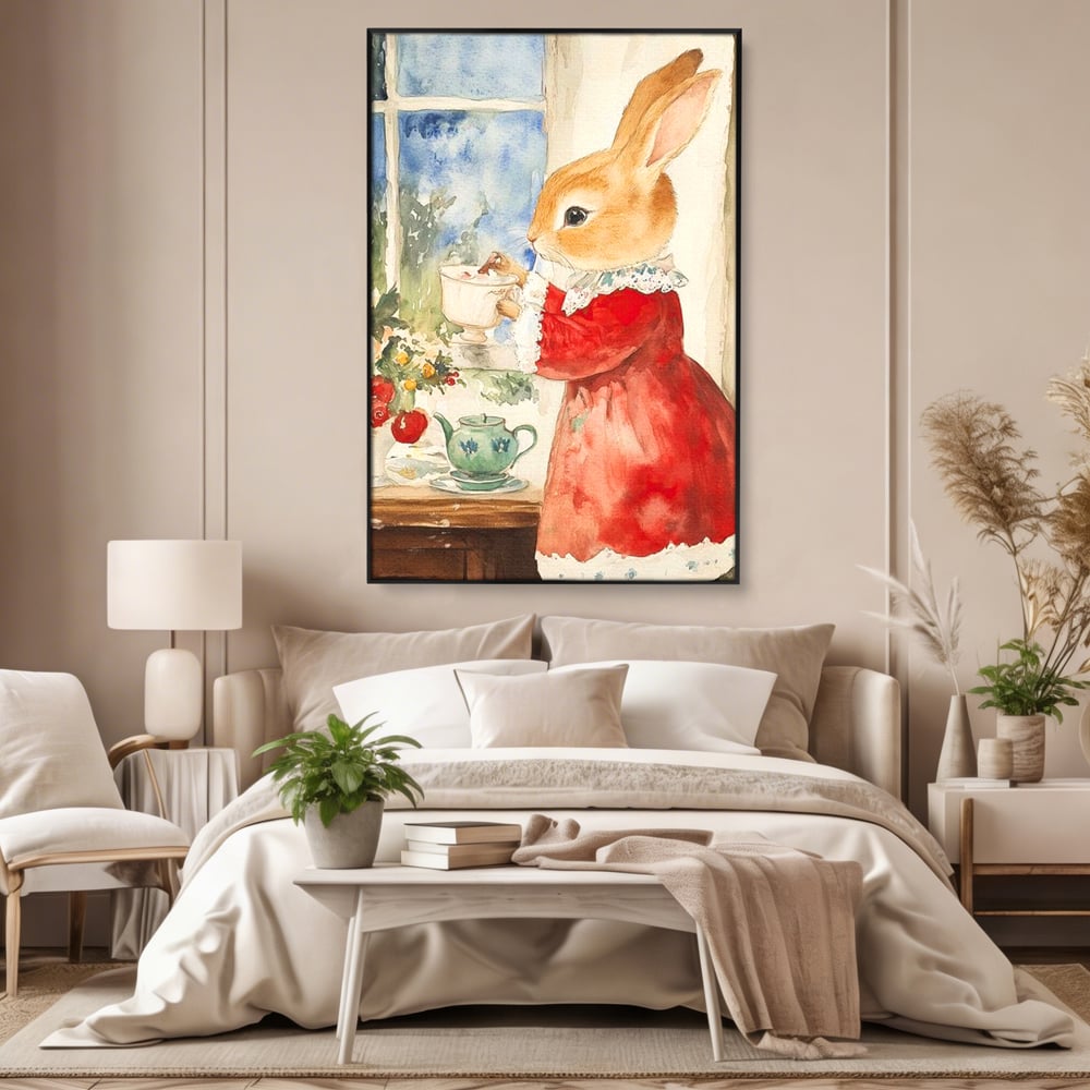 Tablou Canvas Premium LuxCanva® D1047, Iepurasul Rosu si Aroma Ceaiului ,  Iepure, Ceai, Fereastra, Nostalgie, Elegant, Living Room, Culori vibrante