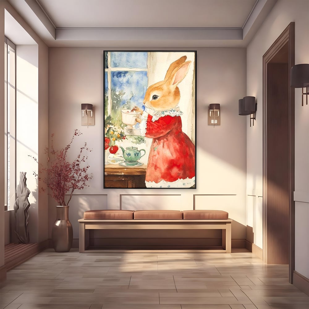 Tablou Canvas Premium LuxCanva® D1047, Iepurasul Rosu si Aroma Ceaiului ,  Iepure, Ceai, Fereastra, Nostalgie, Elegant, Living Room, Culori vibrante