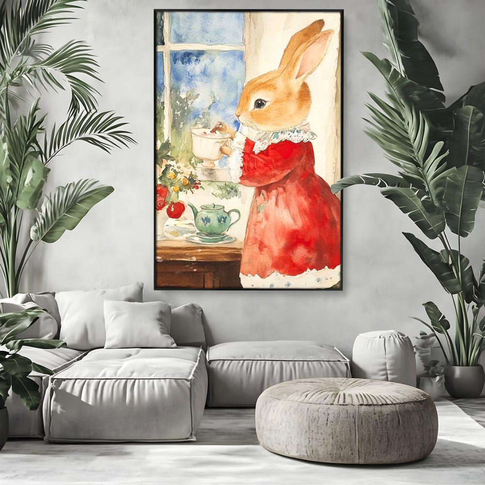 Tablou Canvas Premium LuxCanva® D1047, Iepurasul Rosu si Aroma Ceaiului ,  Iepure, Ceai, Fereastra, Nostalgie, Elegant, Living Room, Culori vibrante
