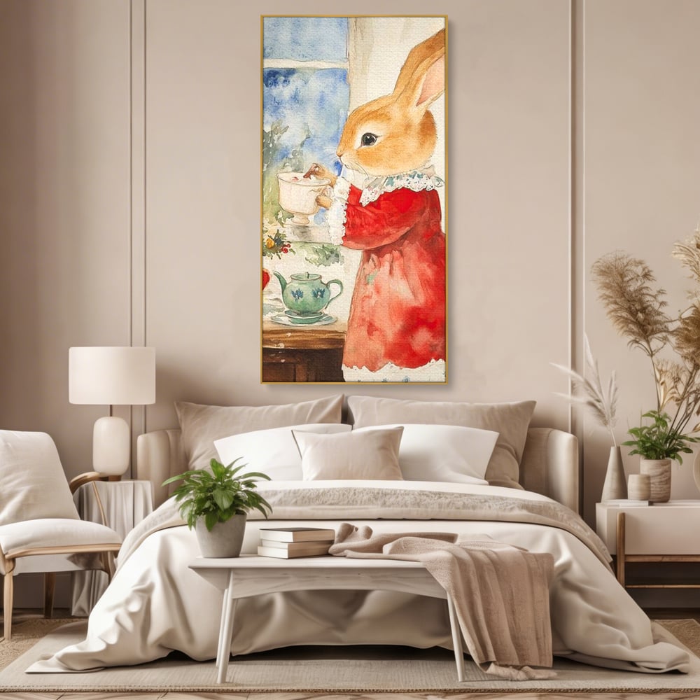 Tablou Canvas Premium LuxCanva® D1047, Iepurasul Rosu si Aroma Ceaiului ,  Iepure, Ceai, Fereastra, Nostalgie, Elegant, Living Room, Culori vibrante