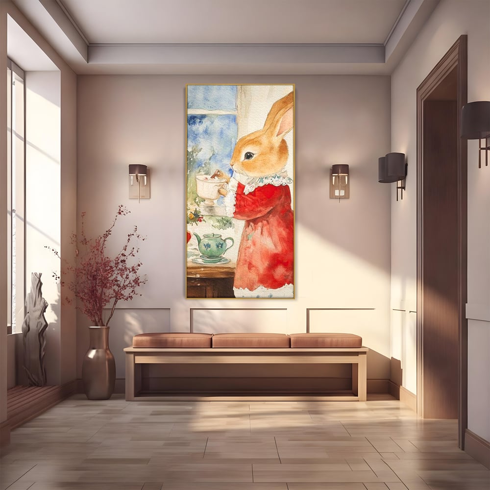 Tablou Canvas Premium LuxCanva® D1047, Iepurasul Rosu si Aroma Ceaiului ,  Iepure, Ceai, Fereastra, Nostalgie, Elegant, Living Room, Culori vibrante