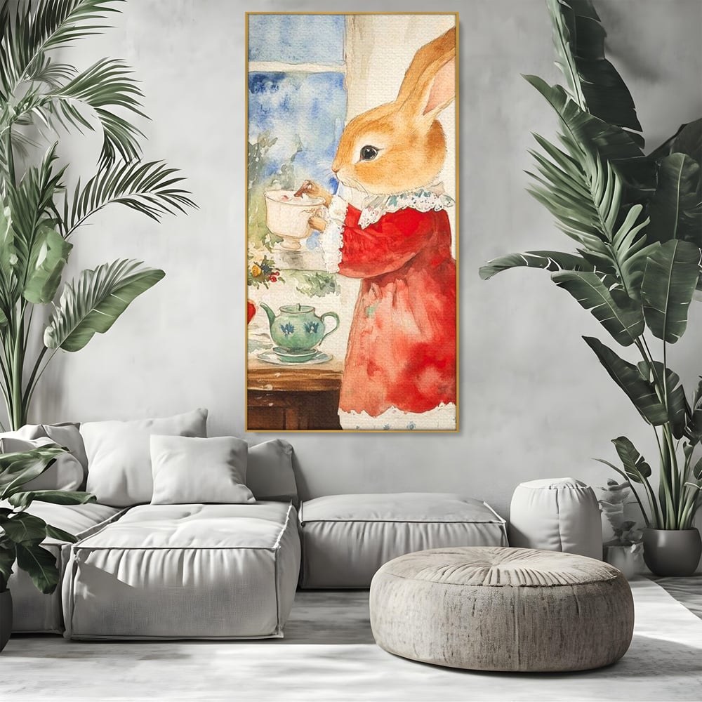 Tablou Canvas Premium LuxCanva® D1047, Iepurasul Rosu si Aroma Ceaiului ,  Iepure, Ceai, Fereastra, Nostalgie, Elegant, Living Room, Culori vibrante