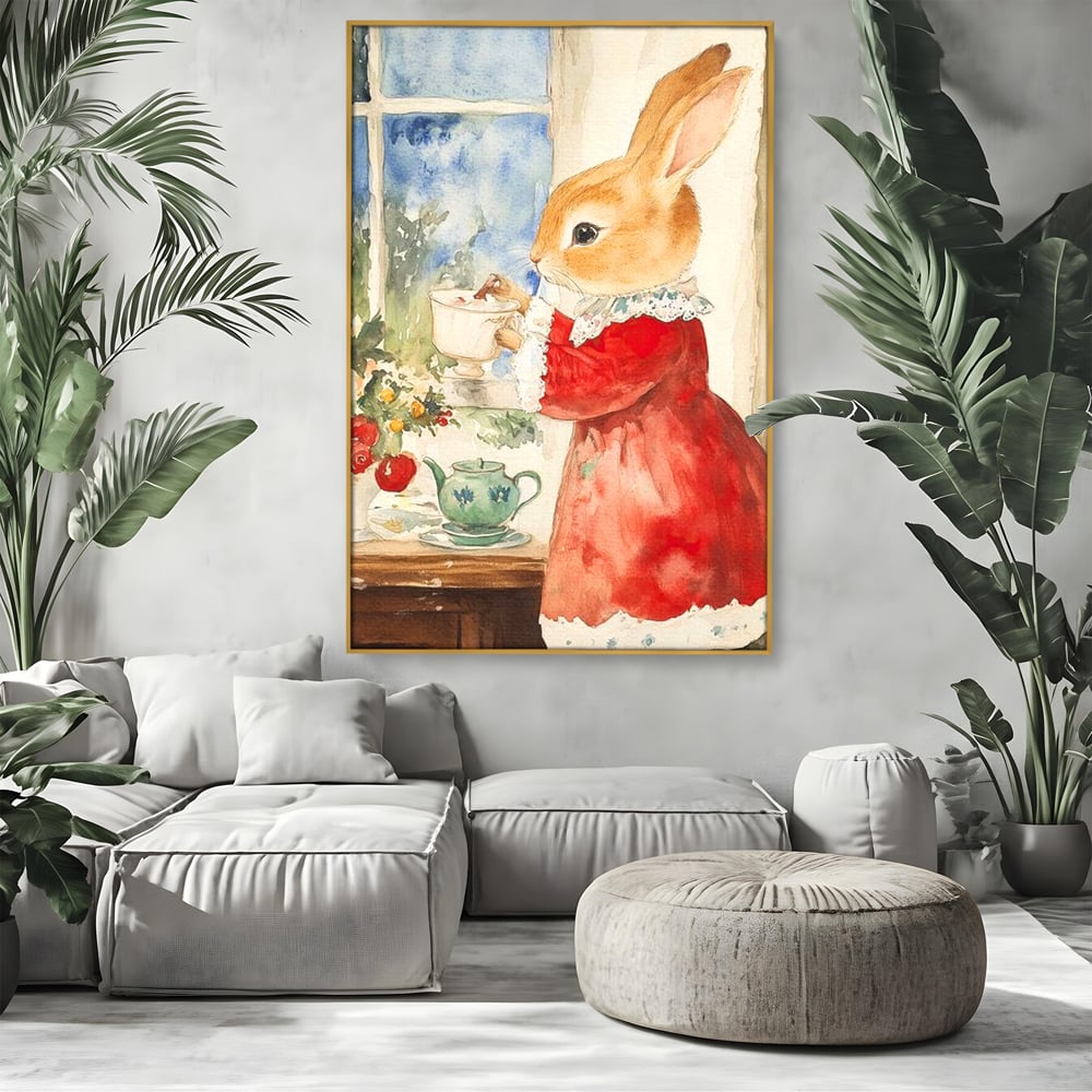 Tablou Canvas Premium LuxCanva® D1047, Iepurasul Rosu si Aroma Ceaiului ,  Iepure, Ceai, Fereastra, Nostalgie, Elegant, Living Room, Culori vibrante