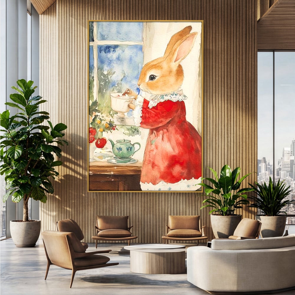 Tablou Canvas Premium LuxCanva® D1047, Iepurasul Rosu si Aroma Ceaiului ,  Iepure, Ceai, Fereastra, Nostalgie, Elegant, Living Room, Culori vibrante