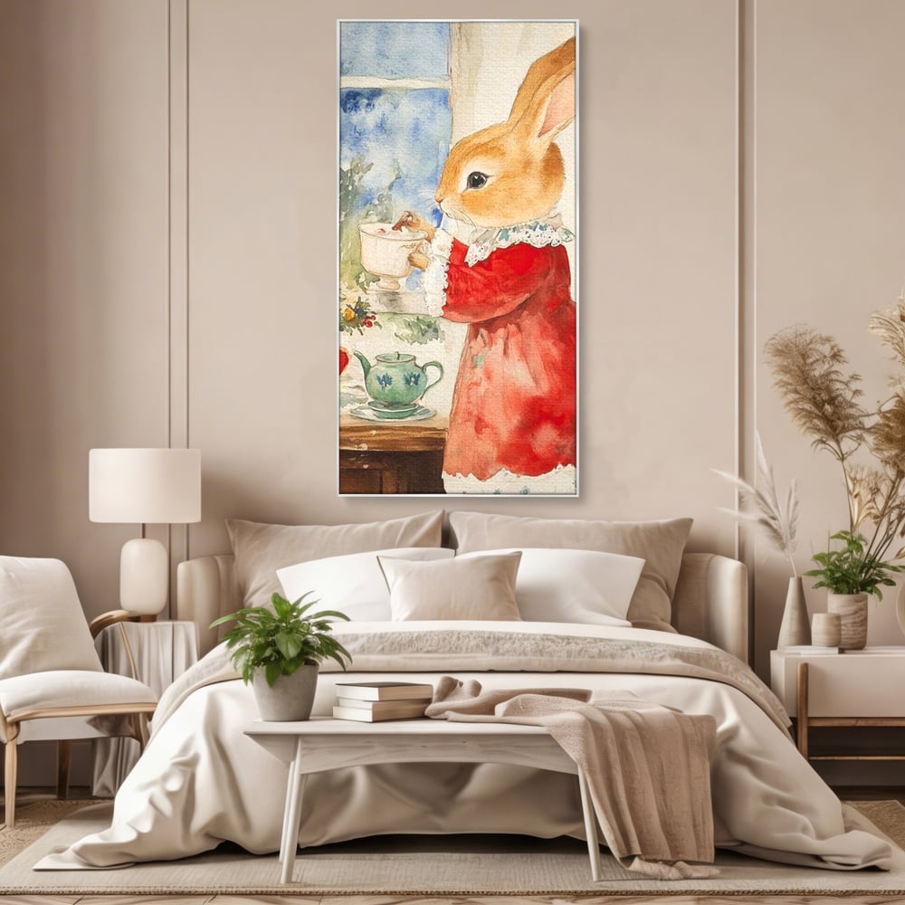 Tablou Canvas Premium LuxCanva® D1047, Iepurasul Rosu si Aroma Ceaiului ,  Iepure, Ceai, Fereastra, Nostalgie, Elegant, Living Room, Culori vibrante