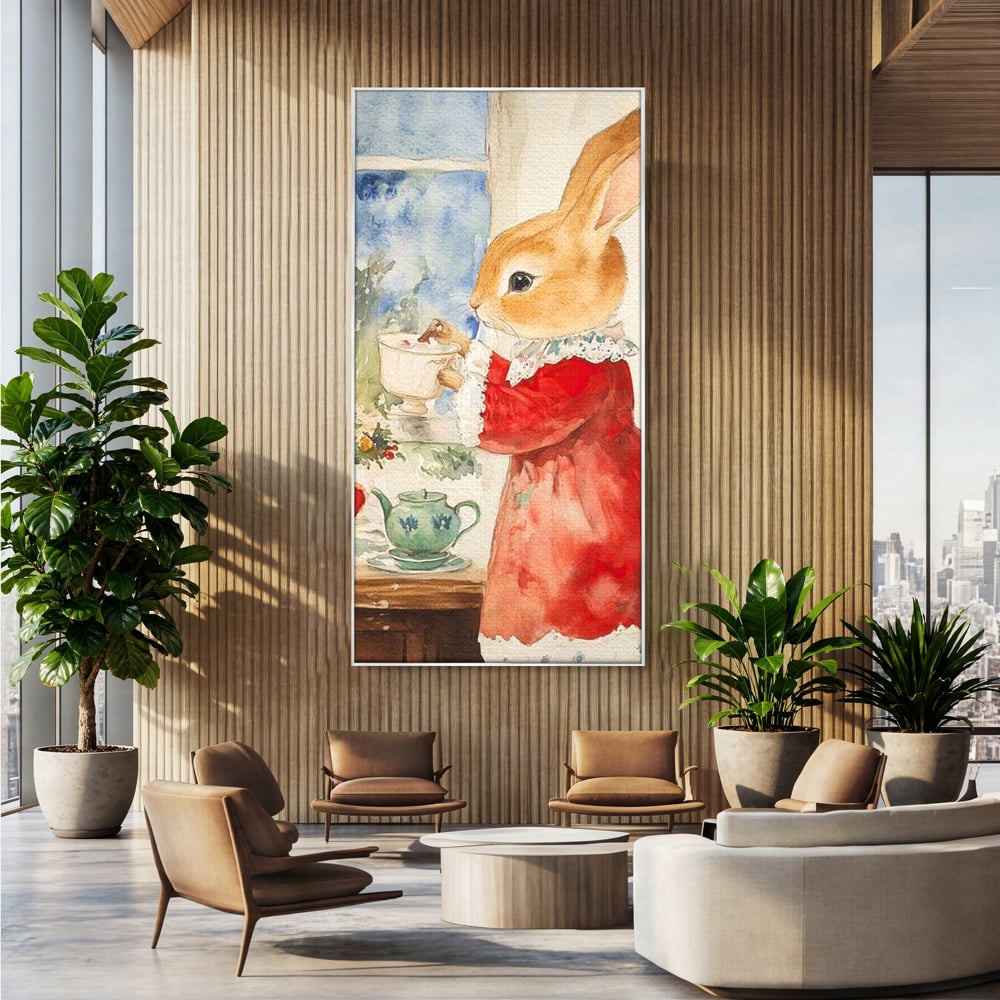 Tablou Canvas Premium LuxCanva® D1047, Iepurasul Rosu si Aroma Ceaiului ,  Iepure, Ceai, Fereastra, Nostalgie, Elegant, Living Room, Culori vibrante