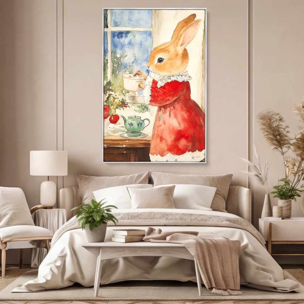 Tablou Canvas Premium LuxCanva® D1047, Iepurasul Rosu si Aroma Ceaiului ,  Iepure, Ceai, Fereastra, Nostalgie, Elegant, Living Room, Culori vibrante