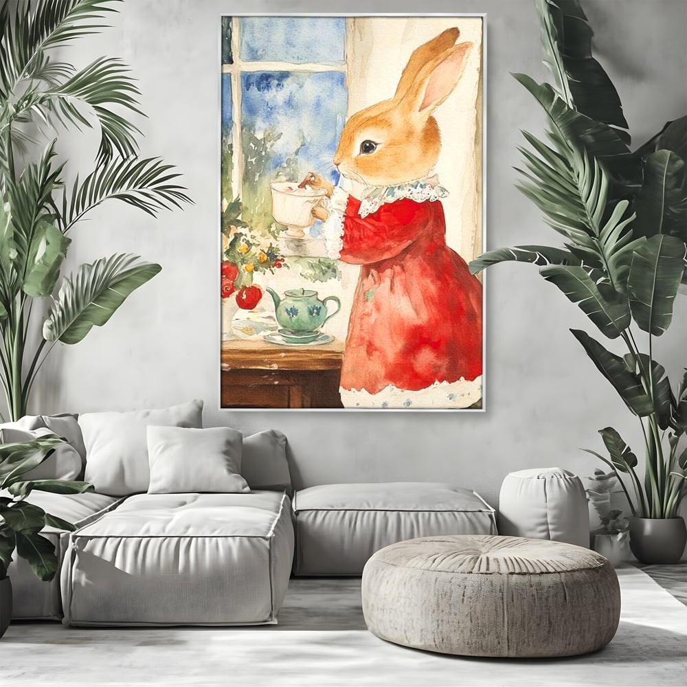 Tablou Canvas Premium LuxCanva® D1047, Iepurasul Rosu si Aroma Ceaiului ,  Iepure, Ceai, Fereastra, Nostalgie, Elegant, Living Room, Culori vibrante